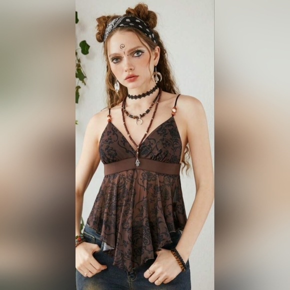 Source Unknown Tops - Romwe Hippie Brown Floral Asymmetrical Hanky Hem Cami Top